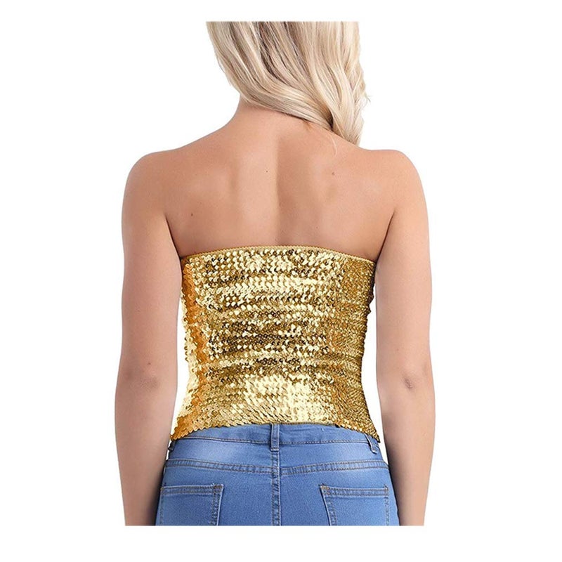Fenyong Womens Sparkly Sequin Mermaid Crop Tops, Strapless Metallic Tube Tops for Party Clubwear(Gold) - Image 5